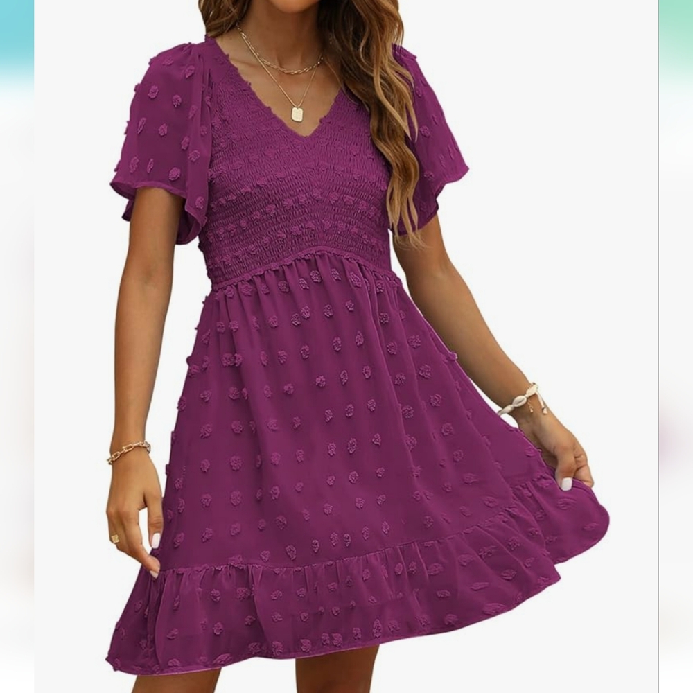 Womens Smocked Short Sleeve V Neck Mini Dress
